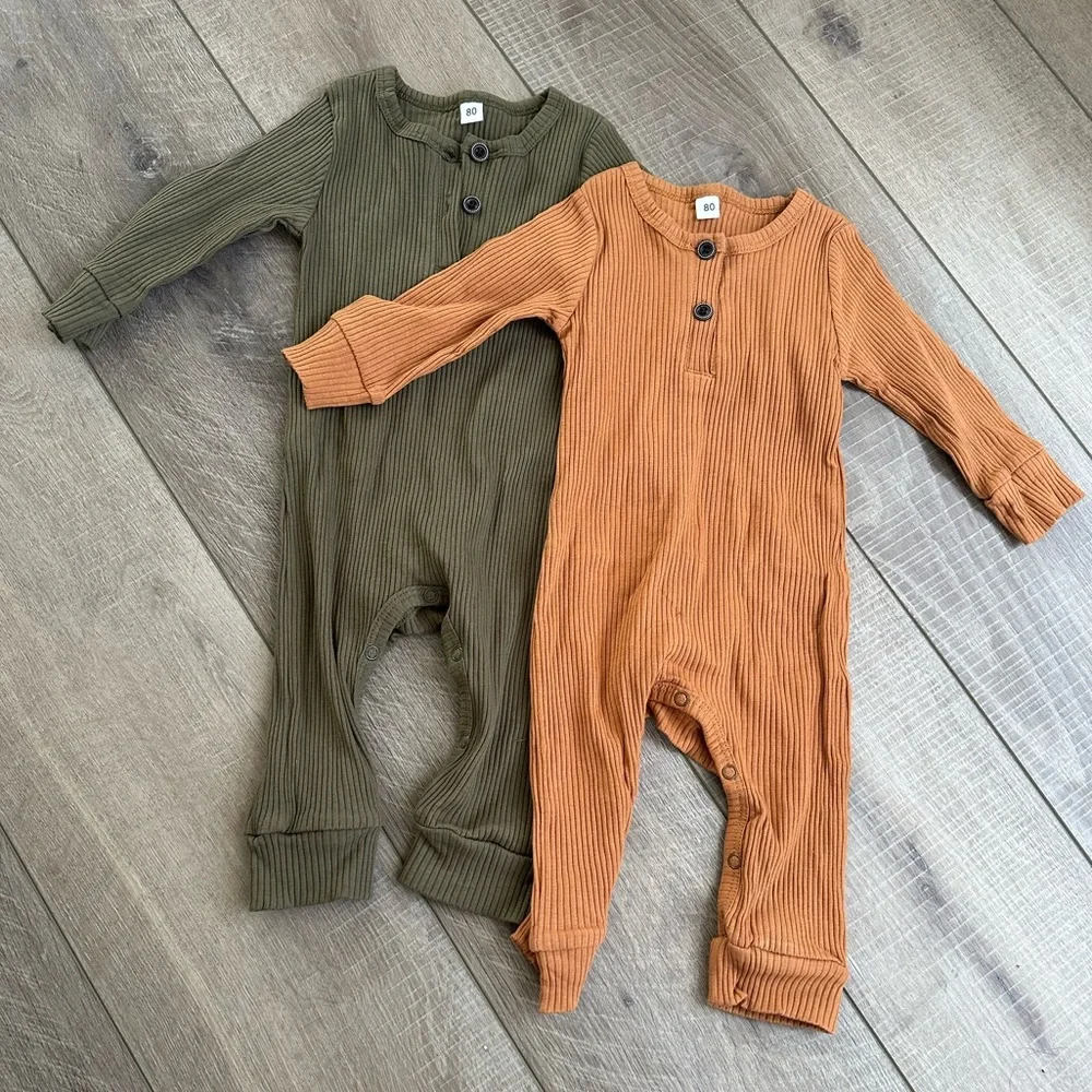 Baby Ribbed One Piece Romper Set in Green and Orange Tone Size 9-12 Months NWOT
